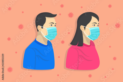 Corona Virus, Corona Virus Disease COVID-19, Novel Coronavirus 2019-nCoV. Men and women wear masks to avoid corona virus. Illustration of how to use masks. Infographic, how to prevent.