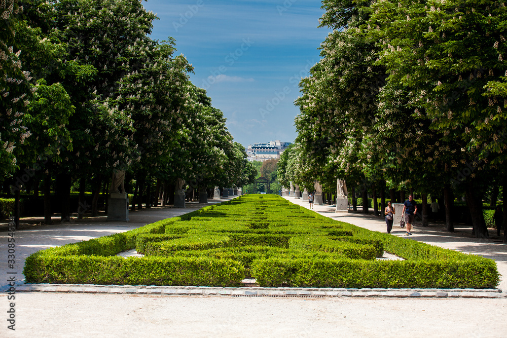 View of the famous Retiro Park in a beautiful spring day in Madrid