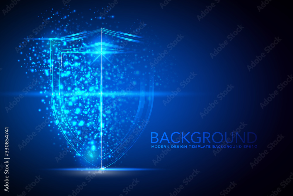 Shield of glowing particles with flares and flashes , polygonal , technology , networking , abstract digital hi tech technology innovation concept vector background