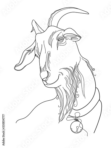 cute goat head with horns, beard, collar with bell, portrait of a pet, animalism, vector illustration with black contour lines isolated on a white background in graphic and drawing style