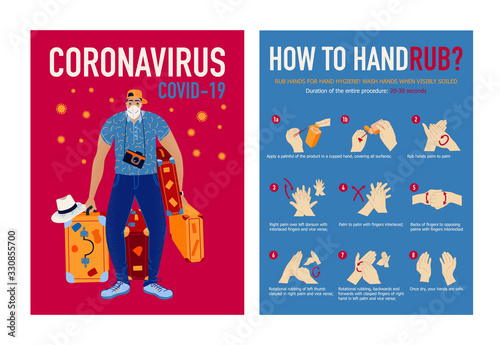 Coronavirus COVID-19 outbreak concept. Coronavirus in World. Novel coronavirus (2019-nCoV), man tourist with luggages in white medical face mask. Be ready for coronavirus.