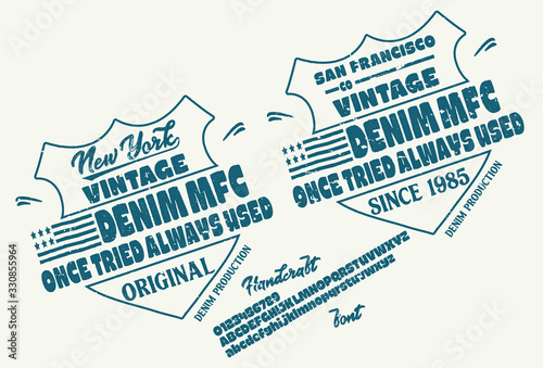 Vector illustration on the theme of denim, raw and jeans in New York City. Vintage design. Grunge background. Typography, t-shirt graphics, print, poster, banner, flyer, postcard.Handmade Vintage Font