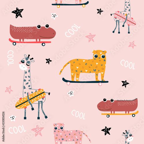 Seamless pattern with funny animals and skateboard. Childish trendy print. Vector hand drawn illustration.