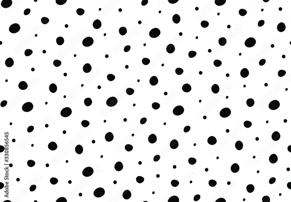 Seamless polka dot pattern, classic graphic design of little black asymmetric pea or spots on white. Trendy texture for fabrics and print. Vector illustration