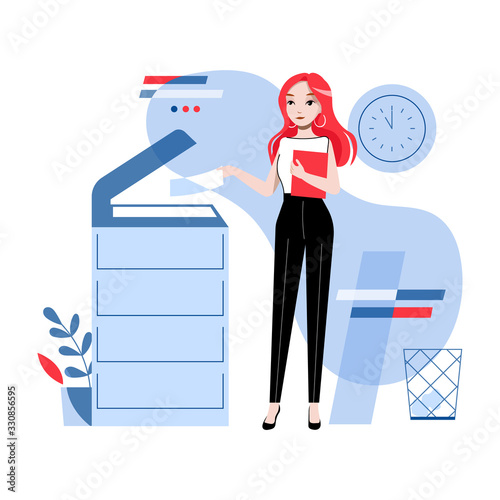 Concept Of Office Work. Young Pretty Girl Is Working In The Office Copying and Scanning Documents, Sending Faxes. Businesswoman is Using Copy Machine. Cartoon Linear Outline Flat Vector Illustration