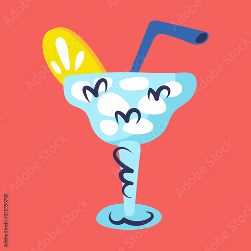 Cool cocktail with ice, lemon and tube.  Summer drinks. Margarita cocktail. Pool decor. Summer seaside beach pool party. Flat colourful vector illustration icon sticker isolated on red background.