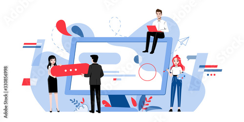 Web Design Concept. Creative Team Of People Are Making A Web Design. Teamwork Project, Web Agency Workers Are Making a New Company Project. Cartoon Linear Outline Flat Style. Vector Illustration
