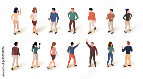 Collection of isometric people isolated over white background. Standing and walking people.