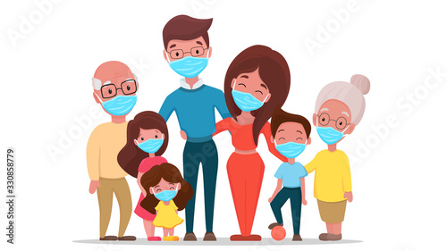 Family wearing protective Medical mask for prevent Corona virus Covid-19. Father mother Daughters Son and grandparents wearing a surgical mask. Vector flat cartoon illustration. 
