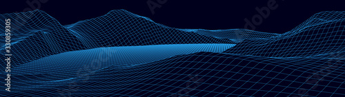 Vector wireframe 3d landscape. Technology grid illustration. Network of connected dots and lines. Futuristic background.