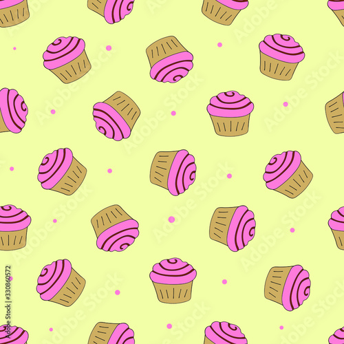 Cream cakes on a yellow background seamless pattern. For fabric, wallpaper, print, cover, website.