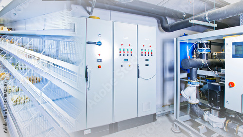 Refrigeration. Refrigeration chamber for food storage. Racks in the refrigerator. Refrigerator control system. Engine in the cooling chamber shield for controlling freezer. Equipment for restaurants photo