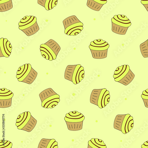 Sweet cakes on a yellow background. For fabric, wallpaper, print, cover, website. Seamless pattern.