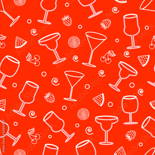 Cocktail glasses chalk seamless pattern on red backround. Pieces of fruits chalk.