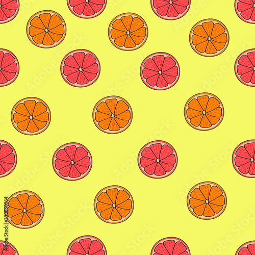 Slices of citrus on a yellow background. Slices of grapefruit and slices of orange. Seamless pattern for fabric, print, cover, wallpaper, site.