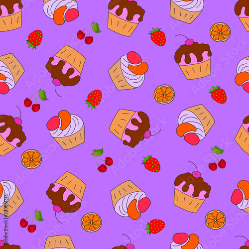 Cakes and fruits seamless pattern