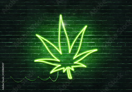 Neon sign on a brick wall in the shape of a simplified weed leaf.(illustration series)