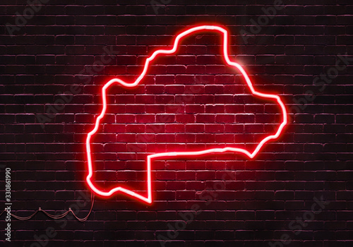 Neon sign on a brick wall in the shape of Burkina Faso.(illustration series)