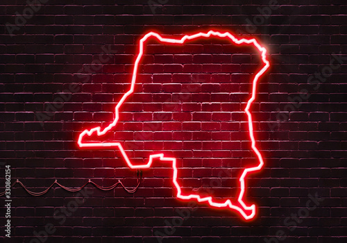 Neon sign on a brick wall in the shape of Democratic Republic of the Congo.(illustration series)