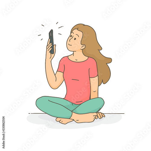 A blogger taking a photo for a social media post, an isolated female character, an EPS vector image
