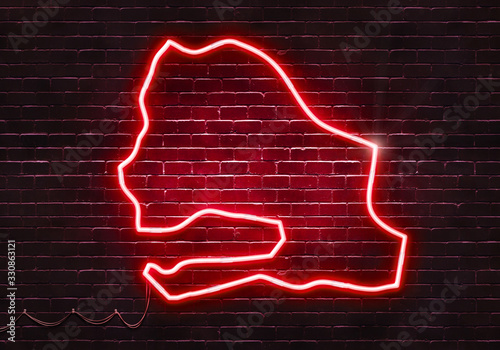 Neon sign on a brick wall in the shape of Senegal.(illustration series)