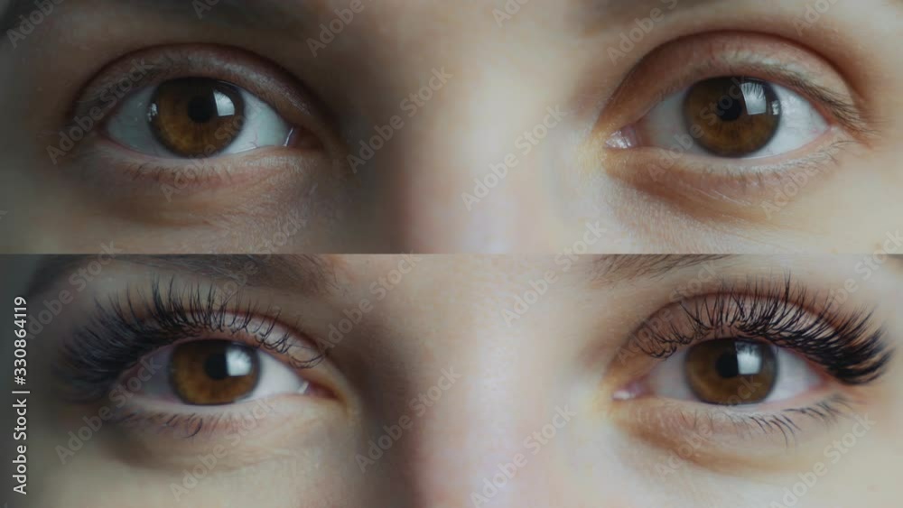 Eyelash Extension. Comparison of female eyes before and after. split screen video. 4k.