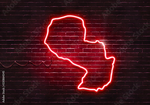 Neon sign on a brick wall in the shape of Paraguay.(illustration series)