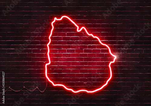 Neon sign on a brick wall in the shape of Uruguay.(illustration series)