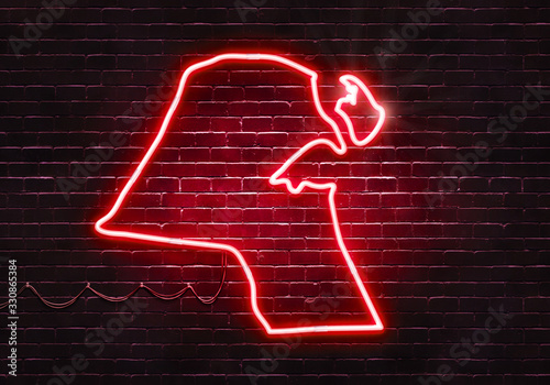 Neon sign on a brick wall in the shape of Kuwait.(illustration series)