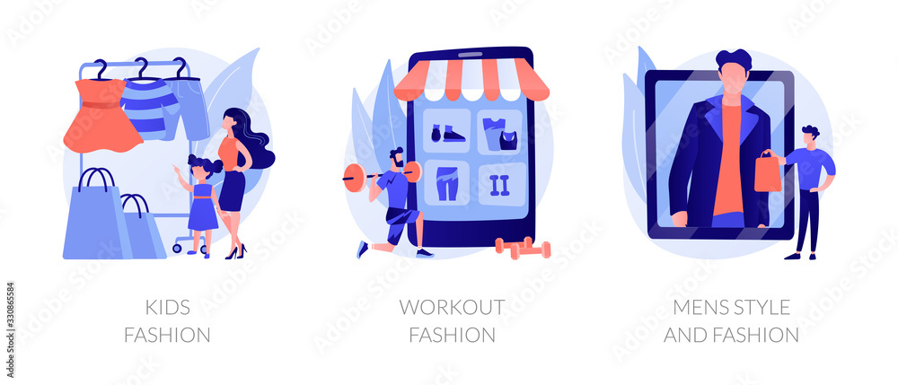 Children and adults clothes flat icons set. Female sportswear, male formal wear. Kids fashion, workout fashion, mens style and fashion metaphors. Vector isolated concept metaphor illustrations.