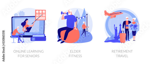 Pensioners lifestyle flat icons set. Grandparents couple planning trip. Online learning for seniors, elder fitness, retirement travel metaphors. Vector isolated concept metaphor illustrations.