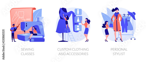 Fashion design flat icons set. Dressmaker course, tailor atelier. Sewing classes, custom clothing and accessories, personal stylist metaphors. Vector isolated concept metaphor illustrations.
