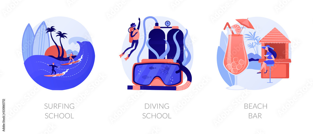 Sea resort recreation flat icons set. Underwater sport, extreme hobby, summertime leisure. Surfing school, diving school, beach bar metaphors. Vector isolated concept metaphor illustrations.