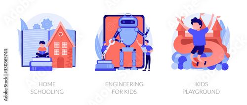 Children education and recreation. icons set. Home schooling, engineering for kids, kids playground metaphors. Entertainment and learning. Vector isolated concept metaphor illustrations.