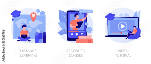 Home education, remote university graduation, online educational materials icons set. Distance learning, recorded classes, video tutorial metaphors. Vector isolated concept metaphor illustrations photo