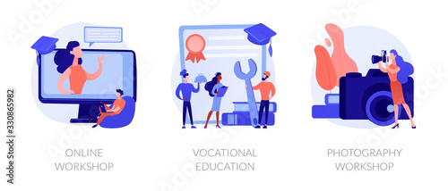 Internet learning, certificate gaining, photographer training courses icons set. Online workshop, vocational education, photography workshop metaphors. Vector isolated concept metaphor illustrations