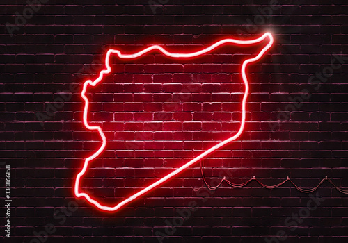 Neon sign on a brick wall in the shape of Syria.(illustration series)