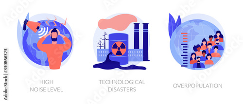 Environmental problems caused by human factor, negative impact on nature. High noise level, technological disasters, overpopulation metaphors. Vector isolated concept metaphor illustrations.