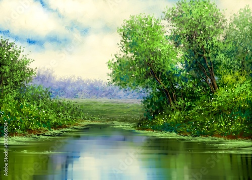 Digital paintings landscape  lake in the forest. Fine art.