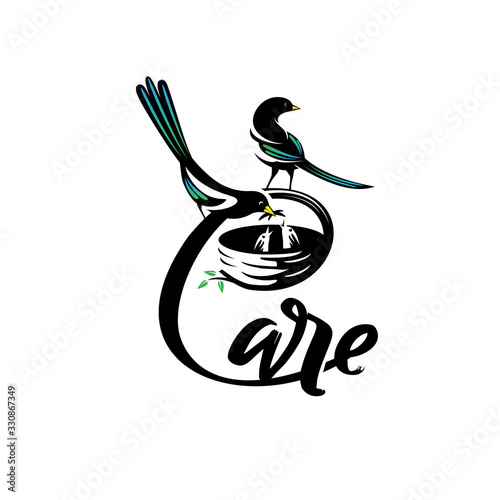 Bird family mascot logo with mother and chicks in nest for parenting childcare or nature conservation branding