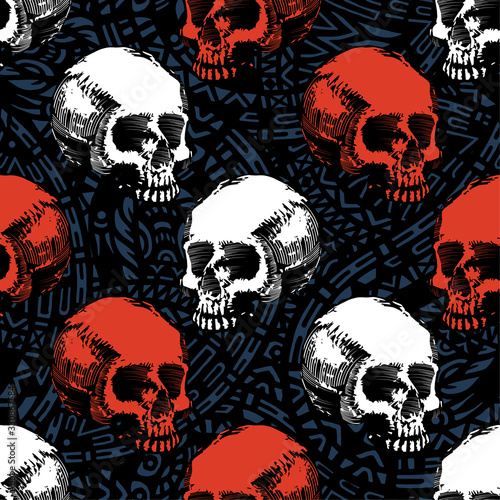 Seamless pattern with hand drawn skulls. Vector Illustration