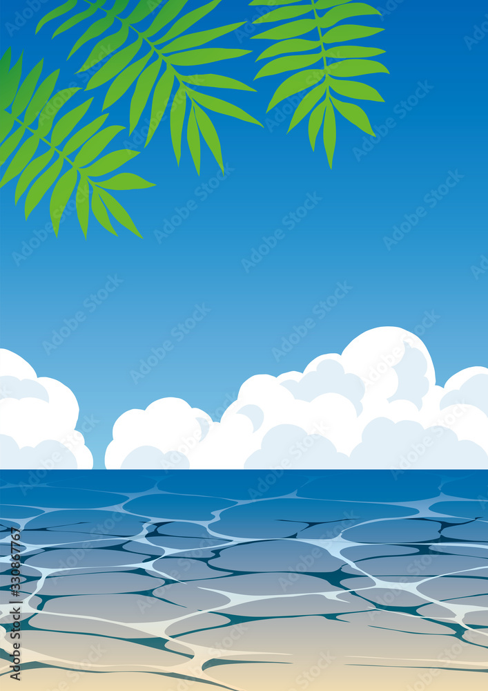 Blue sky waterside palm leaf background material