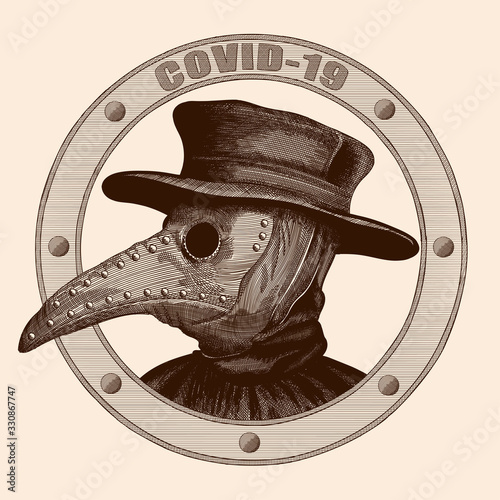 A plague doctor in a mask with a long beak and hat. Vector image stylized as engraving.