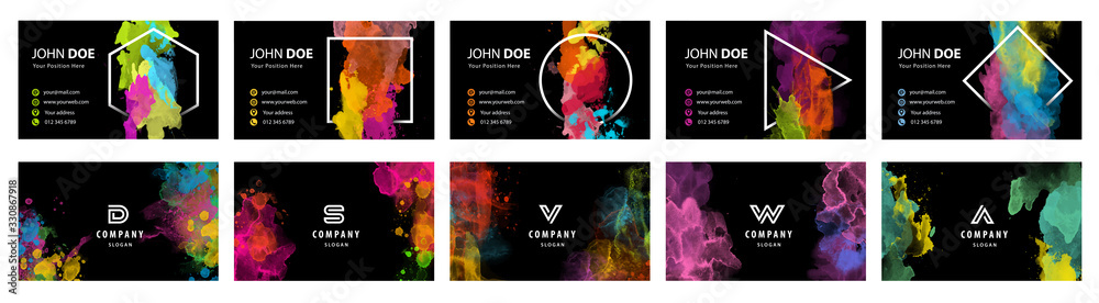 Black business card template set with colorful vector watercolor background and geometric frame - obrazy, fototapety, plakaty 