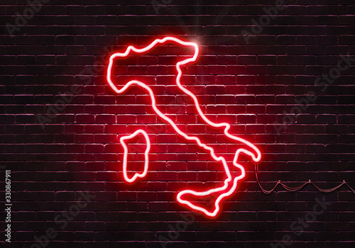 Neon sign on a brick wall in the shape of Italy.(illustration series)