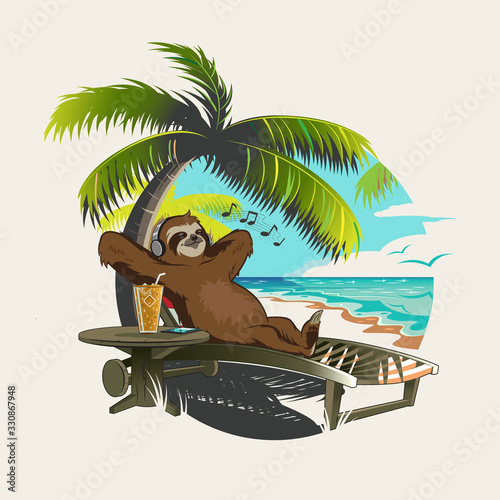 Lazy Sloth animal take a rest and having a cold drink at the beach.