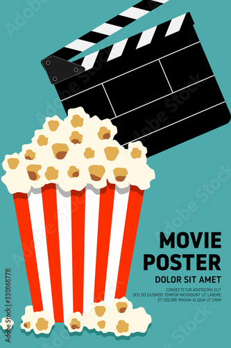 Movie and film poster design template background with popcorn and clapperboard