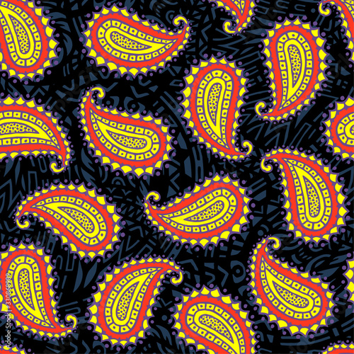 Seamless pattern of beautiful paisley cucumbers Turkish, Indian, Persian, Mexican, African. Vector illustration