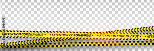 Pandemic stop. Coronavirus covid-19 2019-nCoV. Black and yellow stripes set. Warning tapes. Danger. Quarantine biohazard sign. Caution ,Warning or stop corona virus concept. Vector