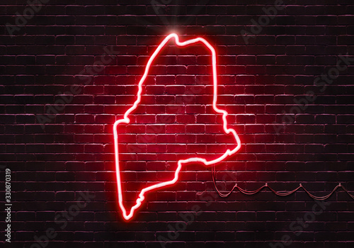 Neon sign on a brick wall in the shape of Maine.(illustration series)